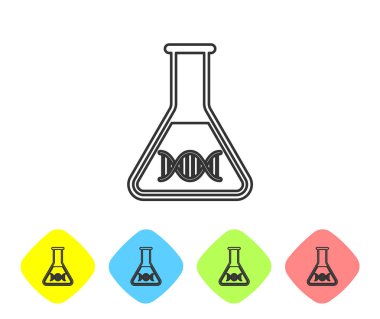 Gri DNA araştırması, beyaz arka planda izole edilmiş arama çizgisi simgesi. Genetik mühendisliği, genetik testi, klonlama, babalık testi. Renk eşkenar dörtgen düğmelerinde simgeyi ayarlayın. Vektör İllüstrasyonu