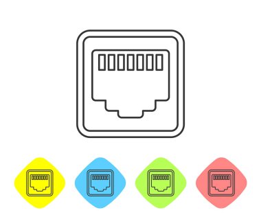 Gri Ağ bağlantı noktası - beyaz arka planda yalıtılmış kablo soketi hattı simgesi. Lan, ethernet bağlantı noktası işareti. Yerel alan bağlayıcı simgesi. Renk eşkenar dörtgen düğmelerinde simgeyi ayarlayın. Vektör İllüstrasyonu