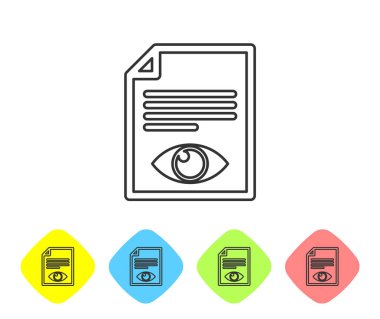 Beyaz arka planda izole edilmiş göz simgesi simgesine sahip Gri Kağıt sayfası. Bilgi dosyası işaretini açın. Renk eşkenar dörtgen düğmelerinde simgeyi ayarlayın. Vektör İllüstrasyonu