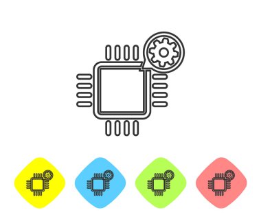 Beyaz arka planda Gri İşlemci ve dişli çizgisi simgesi. Cpu, çip servis konsepti. Uygulamanın ayarlanması, seçenekleri ayarlama, bakım, onarım, sabitleme. Renk eşkenar dörtgen düğmelerinde simgeyi ayarlayın. Vektör İllüstrasyonu