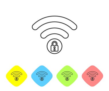 Beyaz arka planda gri Wifi kilitli işaret satırı simgesi. Şifre Wi-fi simgesi. Kablosuz Ağ simgesi. Wifi bölgesi. Renk eşkenar dörtgen düğmelerinde simgeyi ayarlayın. Vektör İllüstrasyonu