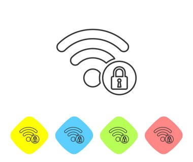 Beyaz arka planda gri Wifi kilitli işaret satırı simgesi. Şifre Wi-fi simgesi. Kablosuz Ağ simgesi. Wifi bölgesi. Renk eşkenar dörtgen düğmelerinde simgeyi ayarlayın. Vektör İllüstrasyonu