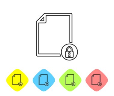 Gri Belge ve beyaz arka plan üzerinde kilit çizgisi simgesi. Dosya biçimi ve asma kilit. Güvenlik, güvenlik, koruma konsepti. Renk eşkenar dörtgen düğmelerinde simgeyi ayarlayın. Vektör İllüstrasyonu