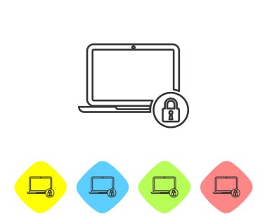Gri Laptop ve beyaz arka plan üzerinde kilit çizgisi simgesi. Bilgisayar ve asma kilit. Güvenlik, güvenlik, koruma konsepti. Güvenli internet çalışması. Renk eşkenar dörtgen düğmelerinde simgeyi ayarlayın. Vektör İllüstrasyonu