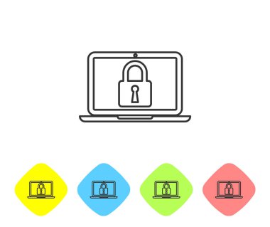Gri Laptop ve beyaz arka plan üzerinde kilit çizgisi simgesi. Bilgisayar ve asma kilit. Güvenlik, güvenlik, koruma konsepti. Güvenli internet çalışması. Renk eşkenar dörtgen düğmelerinde simgeyi ayarlayın. Vektör İllüstrasyonu