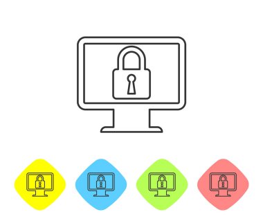 Beyaz arka plan üzerinde bilgisayar monitörü ekran çizgisi simgesigri Kilit. Monitör ve asma kilit. Güvenlik, güvenlik, koruma konsepti. Güvenli internet çalışması. Renk eşkenar dörtgen düğmelerinde simgeyi ayarlayın. Vektör İllüstrasyonu