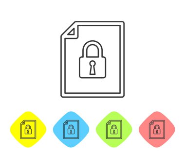 Gri Belge ve beyaz arka plan üzerinde kilit çizgisi simgesi. Dosya biçimi ve asma kilit. Güvenlik, güvenlik, koruma konsepti. Renk eşkenar dörtgen düğmelerinde simgeyi ayarlayın. Vektör İllüstrasyonu