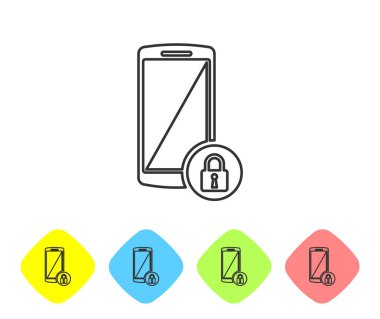 Beyaz arka planda kapalı asma kilit simgesine sahip Gri Akıllı Telefon. Kilitli telefon. Mobil güvenlik, güvenlik, koruma konsepti. Renk eşkenar dörtgen düğmelerinde simgeyi ayarlayın. Vektör İllüstrasyonu