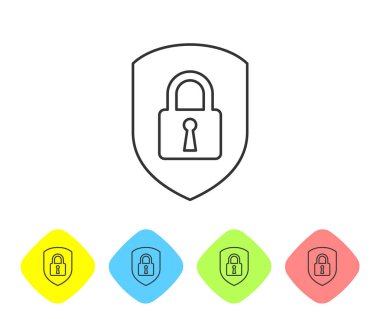 Beyaz arka plan üzerinde kilit çizgisi simgesi ile Gri Kalkan güvenlik. Koruma, güvenlik, şifre güvenliği. Güvenlik duvarı erişim gizlilik işareti. Renk eşkenar dörtgen düğmelerinde simgeyi ayarlayın. Vektör İllüstrasyonu