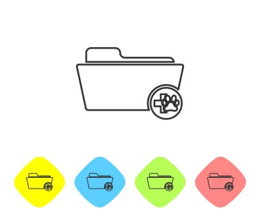 Gri Medikal veteriner kayıt klasörü simgesi beyaz arka planda yalıtılmış. Köpek ya da kedi pençesi izi. Evcil hayvan için belge. Hasta dosya simgesi. Renk eşkenar dörtgen düğmelerinde simgeyi ayarlayın. Vektör İllüstrasyonu