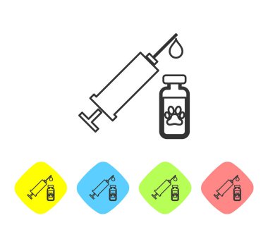 Grey Syringe with pet vaccine line icon isolated on white background. Dog or cat paw print. Set icon in color rhombus buttons. Vector Illustration clipart