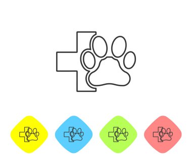 Gri Veteriner kliniği sembol çizgi simgesi beyaz arka plan üzerinde izole. Çapraz hastane tabelası. Stilize pençe baskı köpek veya kedi. Pet İlk Yardım işareti. Renk eşkenar dörtgen düğmelerinde simgeyi ayarlayın. Vektör İllüstrasyonu