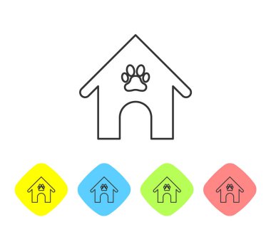 Gri Köpek ev ve pençe baskı pet çizgi simgesi beyaz arka plan üzerinde izole. Köpek kulübesi. Renk eşkenar dörtgen düğmelerinde simgeyi ayarlayın. Vektör İllüstrasyonu