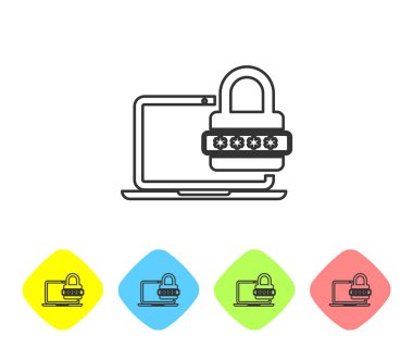 Parola bildirimi ve beyaz arka plan üzerinde kilit hattı simgesi ile Gri Laptop. Güvenlik kavramı, kişisel erişim, kullanıcı yetkilendirme, giriş formu. Renkli eşkenar dörtgen düğmeleri ayarlayın. Vektör İllüstrasyonu