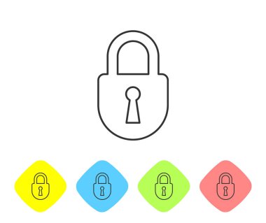 Beyaz arka planda yalıtılmış gri Kilit çizgisi simgesi. Asma kilit işareti. Güvenlik, güvenlik, koruma, gizlilik kavramı. Renk eşkenar dörtgen düğmelerinde simgeyi ayarlayın. Vektör İllüstrasyonu