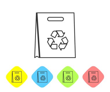 Beyaz arka planda izole edilmiş geri dönüşüm çizgisi simgesine sahip Gri Kağıt alışveriş çantası. Geri dönüşüm sembolü ile çanta. Renk eşkenar dörtgen düğmelerinde simgeyi ayarlayın. Vektör İllüstrasyonu