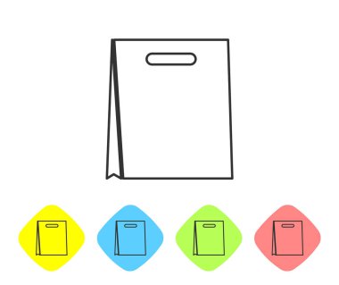 Gri Kağıt alışveriş çantası satır simgesi beyaz arka plan üzerinde izole. Paket işareti. Renk eşkenar dörtgen düğmelerinde simgeyi ayarlayın. Vektör İllüstrasyonu