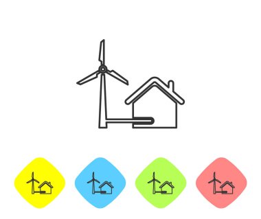 Gri Ev elektrik enerjisi üretimi hattı simgesi beyaz arka plan üzerinde izole için rüzgar türbini ile. Çevre dostu bir ev. Çevre Koruma. Renk eşkenar dörtgen düğmelerinde simgeyi ayarlayın. Vektör İllüstrasyonu