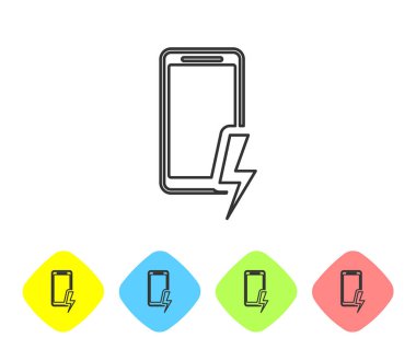 Gri Smartphone beyaz arka planda izole pil hattı simgesi şarj. Pil şarjı düşük olan telefon. Renk eşkenar dörtgen düğmelerinde simgeyi ayarlayın. Vektör İllüstrasyonu