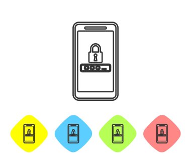 Gri Cep telefonu ve parola koruma hattı simgesi beyaz arka planda yalıtılmış. Güvenlik, güvenlik, kişisel erişim, kullanıcı izni, gizlilik. Renk eşkenar dörtgen düğmelerinde simgeyi ayarlayın. Vektör İllüstrasyonu