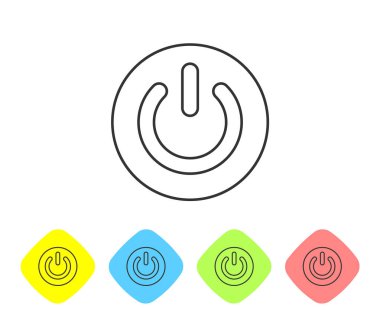 Beyaz arka planda yalıtılmış Gri Güç düğmesi simgesi. İşareti başlat. Düz tasarım. Renk eşkenar dörtgen düğmelerinde simgeyi ayarlayın. Vektör İllüstrasyonu