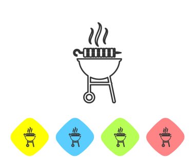 Beyaz arka plan üzerinde izole şiş sopa hattı simgesi üzerinde Gri Barbekü ızgara şiş kebap. Şiş çubuğunda barbekü köftesi. Izgara etli piknik. Renk eşkenar dörtgen düğmelerinde simgeyi ayarlayın. Vektör İllüstrasyonu