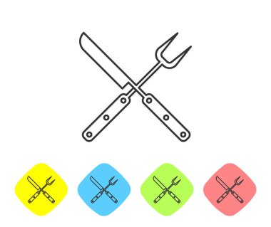 Gri Çapraz bıçak ve spatula çizgi simgesi beyaz arka plan üzerinde izole. Barbekü bıçağı ve spatula işareti. Barbekü ve ızgara aletleri. Renk eşkenar dörtgen düğmelerinde simgeyi ayarlayın. Vektör İllüstrasyonu