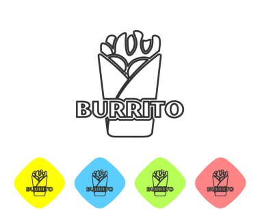 Gri Burrito çizgi simgesi beyaz arka plan üzerinde izole. Geleneksel Meksika fast food'u. Renk eşkenar dörtgen düğmelerinde simgeyi ayarlayın. Vektör İllüstrasyonu