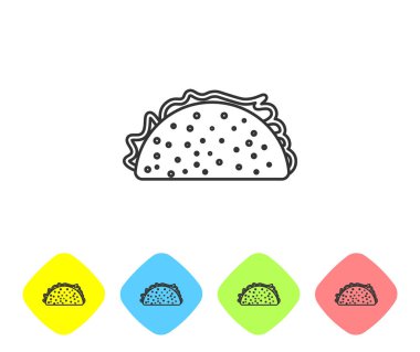 Beyaz arka planda izole tortilla çizgi simgesi ile Gri Taco. Geleneksel Meksika fast food'u. Renk eşkenar dörtgen düğmelerinde simgeyi ayarlayın. Vektör İllüstrasyonu