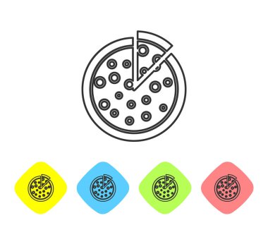 Gri Pizza satır simgesi beyaz arka planda yalıtılmış. Renk eşkenar dörtgen düğmelerinde simgeyi ayarlayın. Vektör İllüstrasyonu