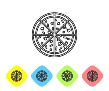Gri Pizza satır simgesi beyaz arka planda yalıtılmış. Renk eşkenar dörtgen düğmelerinde simgeyi ayarlayın. Vektör İllüstrasyonu