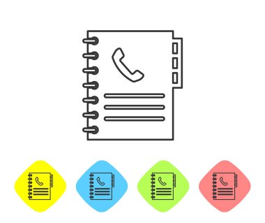 Gri Telefon kitap satırı simgesi beyaz arka planda yalıtılmış. Adres defteri. Telefon rehberi. Renk eşkenar dörtgen düğmelerinde simgeyi ayarlayın. Vektör İllüstrasyonu