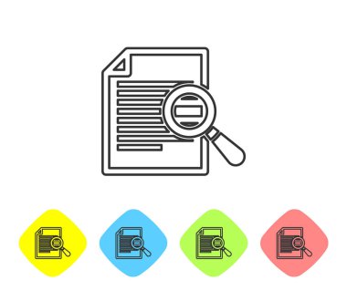 Beyaz arka planda yalıtılmış arama çizgisi simgesine sahip Gri Belge. Dosya ve büyüteç simgesi. Analitik araştırma işareti. Renk eşkenar dörtgen düğmelerinde simgeyi ayarlayın. Vektör İllüstrasyonu