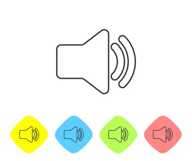 Gri Hoparlör ses simgesi - ses ses sembolü, beyaz arka planda izole medya müzik hattı simgesi. Renk eşkenar dörtgen düğmelerinde simgeyi ayarlayın. Vektör İllüstrasyonu