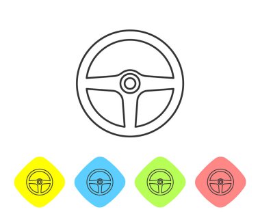 Gri Direksiyon çizgisi simgesi beyaz arka planda yalıtılmış. Araba tekerleği simgesi. Renk eşkenar dörtgen düğmelerinde simgeyi ayarlayın. Vektör İllüstrasyonu