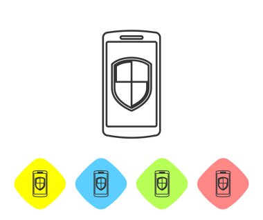 Gri Smartphone, beyaz arka plan üzerinde izole güvenlik kalkan hattı simgesi ile cep telefonu. Renk eşkenar dörtgen düğmelerinde simgeyi ayarlayın. Vektör İllüstrasyonu