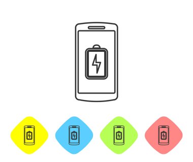 Gri Smartphone pil şarj hattı simgesi beyaz arka planda yalıtılmış. Pil şarjı düşük olan telefon. Renk eşkenar dörtgen düğmelerinde simgeyi ayarlayın. Vektör İllüstrasyonu