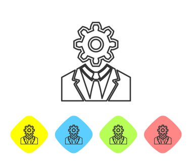 Beyaz arka plan üzerinde izole çizgi simgesi içinde dişli ile Gri İnsan kafası. Yapay zeka. Beyin işaretini düşünmek. Beynin sembol çalışması. Renk eşkenar dörtgen düğmelerinde simgeyi ayarlayın. Vektör İllüstrasyonu