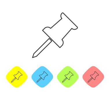 Beyaz arka planda yalıtılmış Gri Push pin çizgisi simgesi. Raptiyeler işareti. Renk eşkenar dörtgen düğmelerinde simgeyi ayarlayın. Vektör İllüstrasyonu