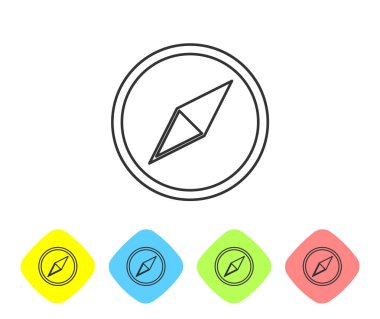 Gri Rüzgar beyaz arka planda izole gül çizgi simgesi. Seyahat için pusula simgesi. Navigasyon tasarımı. Renk eşkenar dörtgen düğmelerinde simgeyi ayarlayın. Vektör İllüstrasyonu