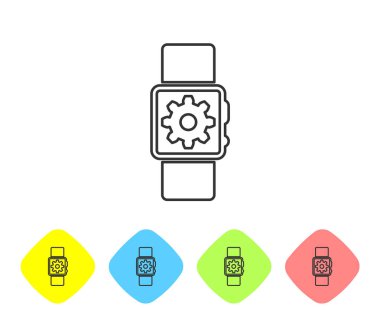 Gri Smartwatch ayarı çizgi simgesi beyaz arka planda yalıtılmış. Akıllı saat ayarları. Renk eşkenar dörtgen düğmelerinde simgeyi ayarlayın. Vektör İllüstrasyonu