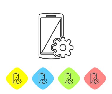 Beyaz arka planda akıllı telefon ekran çizgisi simgesinde Gri Ayar. Cep telefonu ve vites işareti. Uygulamayı ayarlama, seçenekleri ayarlama, telefon kavramlarını düzeltme. Renk eşkenar dörtgen düğmelerinde simgeyi ayarlayın. Vektör İllüstrasyonu