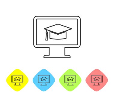 Beyaz arka planda mezuniyet kapağı simgesine sahip Gri Bilgisayar monitörü. Online öğrenme veya e-öğrenme kavramı. İnternet bilgi sembolü. Renk eşkenar dörtgen düğmelerinde simgeyi ayarlayın. Vektör İllüstrasyonu