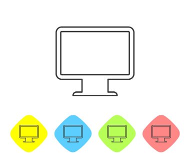 Gri Bilgisayar monitör ekran çizgisi simgesi beyaz arka planda yalıtılmış. Elektronik cihaz. Ön görüş. Renk eşkenar dörtgen düğmelerinde simgeyi ayarlayın. Vektör İllüstrasyonu