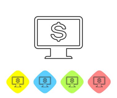 Beyaz arka planda yalıtılmış dolar çizgi simgesine sahip Gri Bilgisayar monitörü. İnternet finansal güvenlik kavramı, online finans koruması. Renk eşkenar dörtgen düğmelerinde simgeyi ayarlayın. Vektör İllüstrasyonu