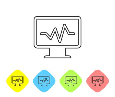 Beyaz arka planda izole kardiyogram çizgi simgesi ile Gri Bilgisayar monitörü. İzleme simgesi. Kalp atışı eli çizilmiş Ekg monitör. Renk eşkenar dörtgen düğmelerinde simgeyi ayarlayın. Vektör İllüstrasyonu