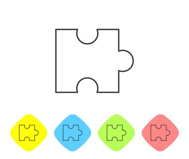 Beyaz arka planda yalıtılmış gri bulmaca satırı simgesi. Modern düz, iş, pazarlama, finans, internet kavramı. Renk eşkenar dörtgen düğmelerinde simgeyi ayarlayın. Vektör İllüstrasyonu