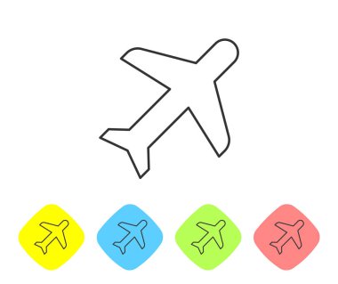 Beyaz arka planda yalıtılmış gri Düzlem çizgi simgesi. Uçan uçak simgesi. Uçak işareti. Renk eşkenar dörtgen düğmelerinde simgeyi ayarlayın. Vektör İllüstrasyonu