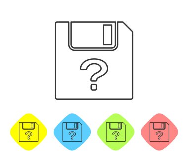 Gri Bilinmeyen belge satırı simgesi beyaz arka planda yalıtılmış. Soru işareti içeren dosya. Raporu, hizmeti ve genel arama işaretini tutun. Renk eşkenar dörtgen düğmelerinde simgeyi ayarlayın. Vektör İllüstrasyonu