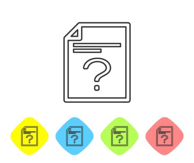 Gri Bilinmeyen belge satırı simgesi beyaz arka planda yalıtılmış. Soru işareti içeren dosya. Raporu, hizmeti ve genel arama işaretini tutun. Renk eşkenar dörtgen düğmelerinde simgeyi ayarlayın. Vektör İllüstrasyonu